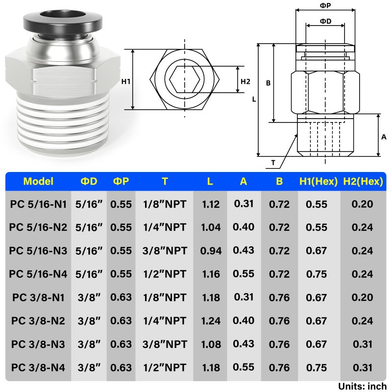 TAILONZ PNEUMATIC Male Straight 3/8 Inch Tube OD x 1/2 Inch NPT Thread Push to Connect Fittings PC-3/8-N4 (Pack of 20) - Image 2